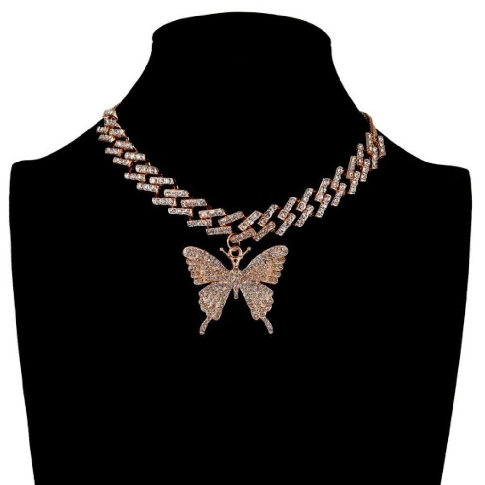 GOLD BUTTERFLY DIAMOND CUBAN LINK CHAIN NECKLACE